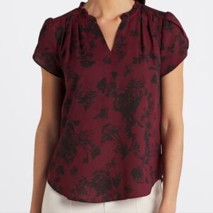 41 HAWTHORN Blouse Tiffiny Tulip Sleeve Split Neck Top Medium Floral Burgundy